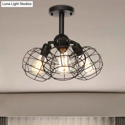 DecorBites™ DecorBites™ Semi Flush Industrial Black Ceiling Lighting for Living Room - 3 Heads with Wire Cage Metal Shade