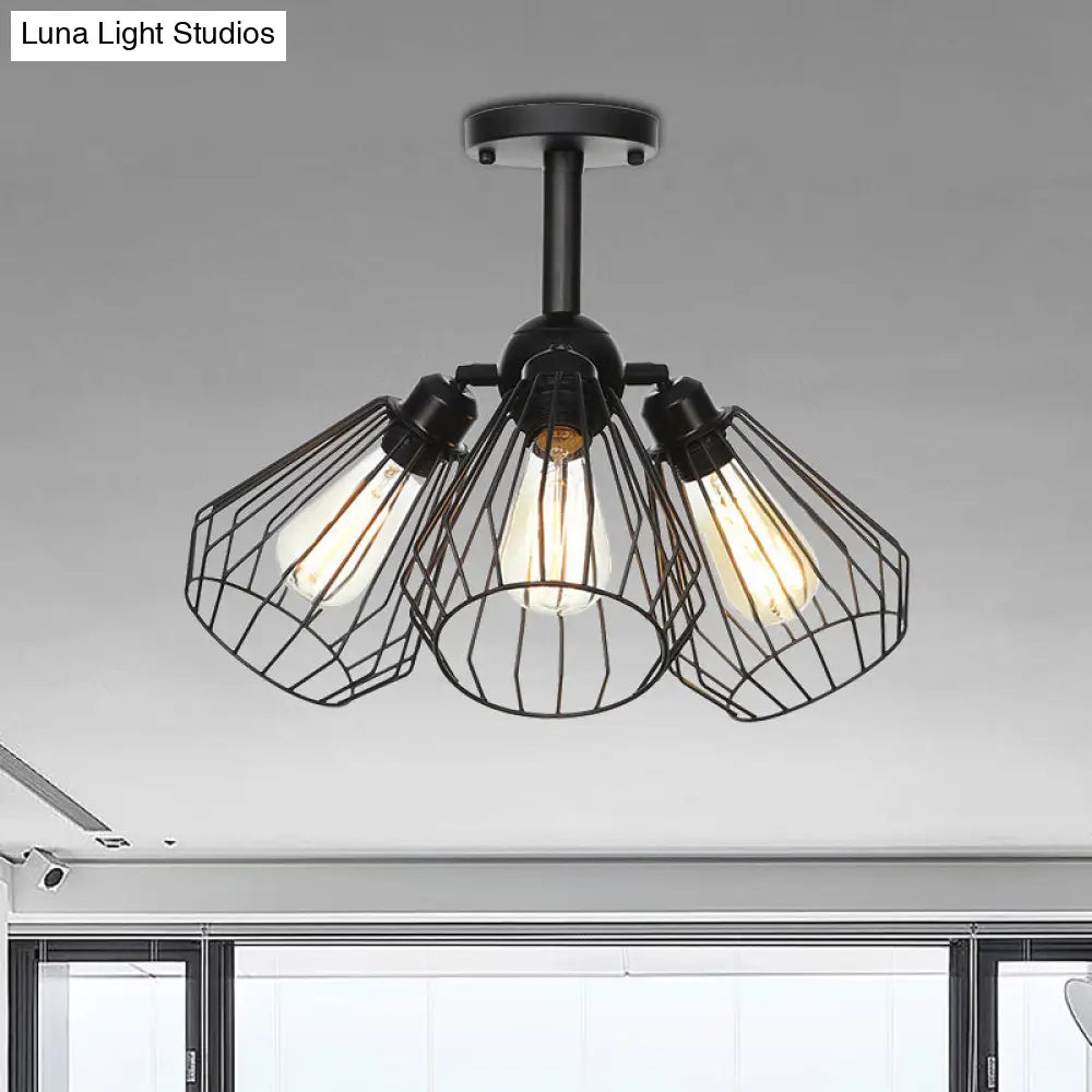 DecorBites™ DecorBites™ Semi Flush Industrial Black Ceiling Lighting for Living Room - 3 Heads with Wire Cage Metal Shade