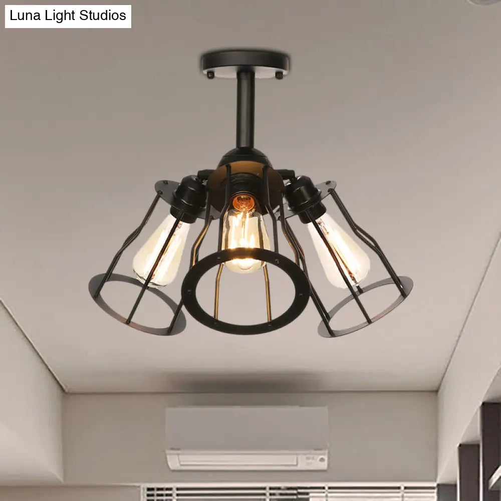 DecorBites™ DecorBites™ Semi Flush Industrial Black Ceiling Lighting for Living Room - 3 Heads with Wire Cage Metal Shade
