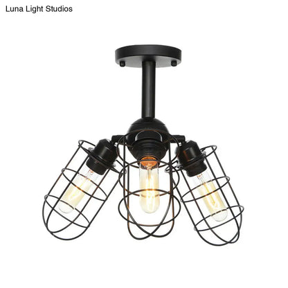 DecorBites™ DecorBites™ Semi Flush Industrial Black Ceiling Lighting for Living Room - 3 Heads with Wire Cage Metal Shade