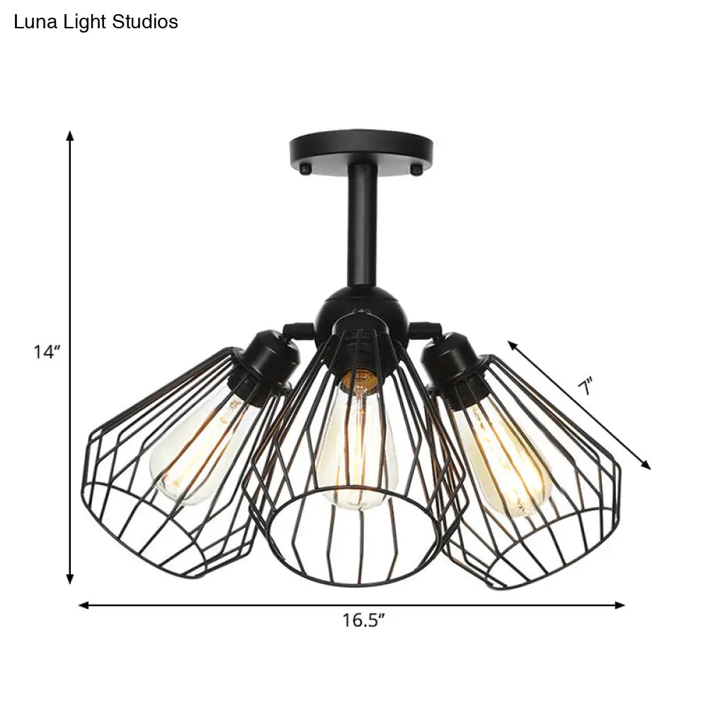 DecorBites™ DecorBites™ Semi Flush Industrial Black Ceiling Lighting for Living Room - 3 Heads with Wire Cage Metal Shade