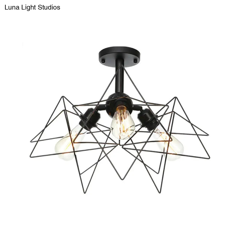 DecorBites™ DecorBites™ Semi Flush Industrial Black Ceiling Lighting for Living Room - 3 Heads with Wire Cage Metal Shade