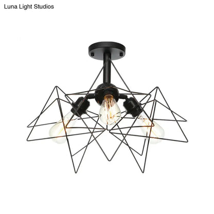 DecorBites™ DecorBites™ Semi Flush Industrial Black Ceiling Lighting for Living Room - 3 Heads with Wire Cage Metal Shade