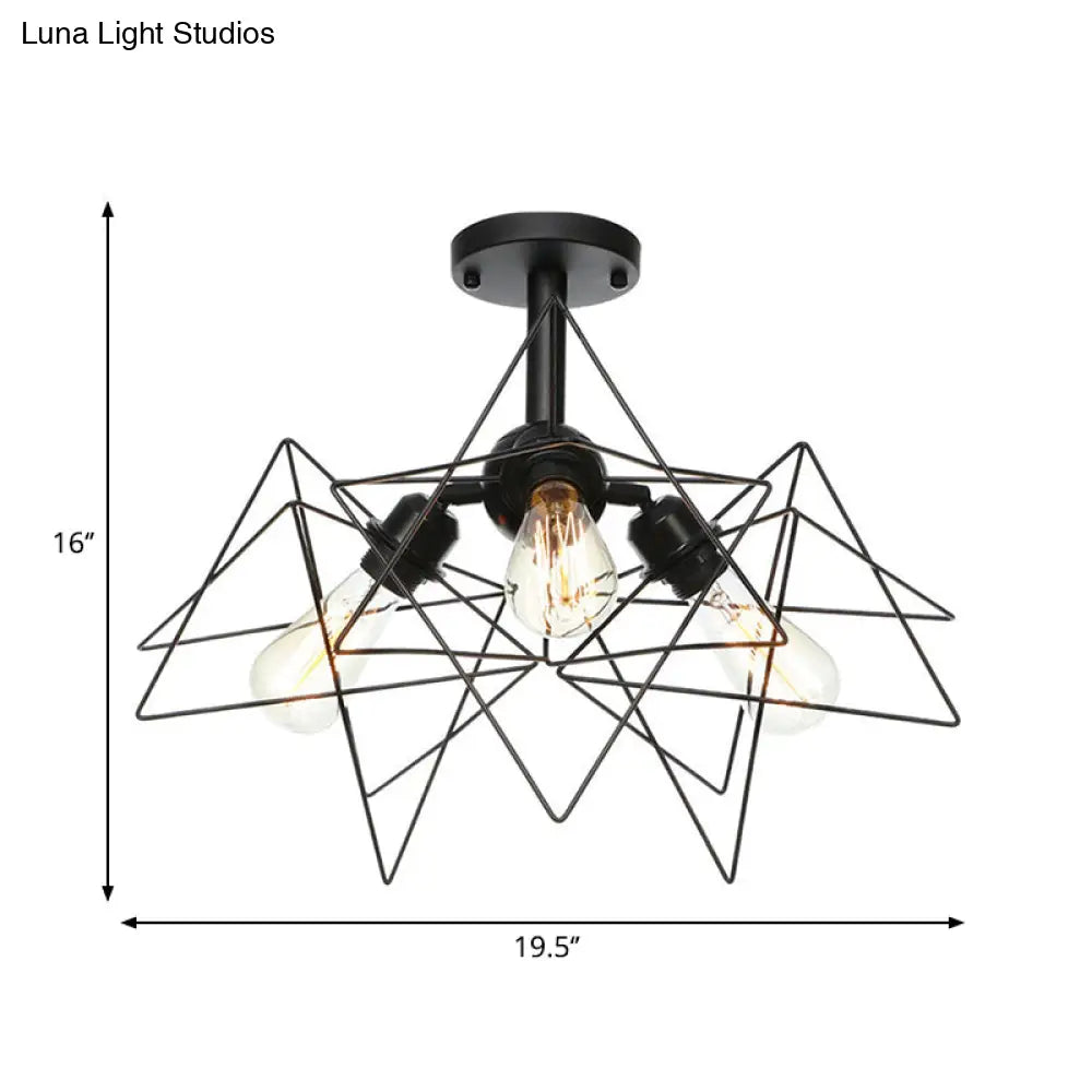 DecorBites™ DecorBites™ Semi Flush Industrial Black Ceiling Lighting for Living Room - 3 Heads with Wire Cage Metal Shade
