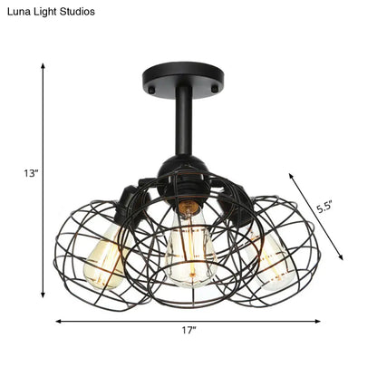DecorBites™ DecorBites™ Semi Flush Industrial Black Ceiling Lighting for Living Room - 3 Heads with Wire Cage Metal Shade