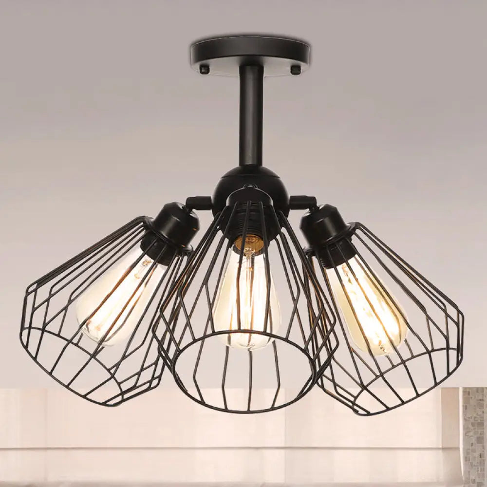 DecorBites™ DecorBites™ Semi Flush Industrial Black Ceiling Lighting for Living Room - 3 Heads with Wire Cage Metal Shade