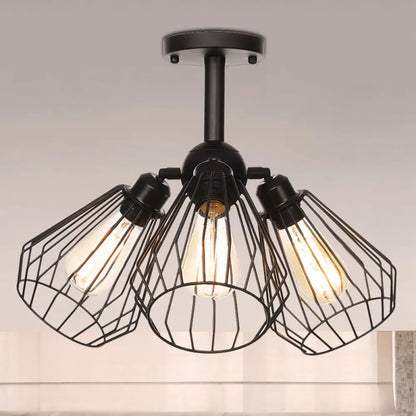 DecorBites™ DecorBites™ Semi Flush Industrial Black Ceiling Lighting for Living Room - 3 Heads with Wire Cage Metal Shade