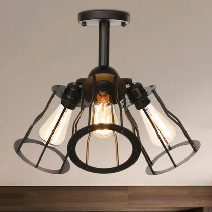 DecorBites™ DecorBites™ Semi Flush Industrial Black Ceiling Lighting for Living Room - 3 Heads with Wire Cage Metal Shade