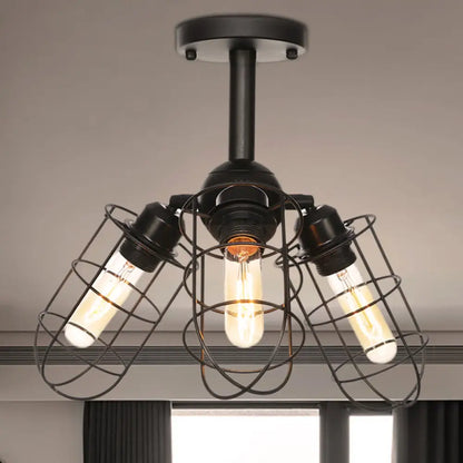 DecorBites™ DecorBites™ Semi Flush Industrial Black Ceiling Lighting for Living Room - 3 Heads with Wire Cage Metal Shade