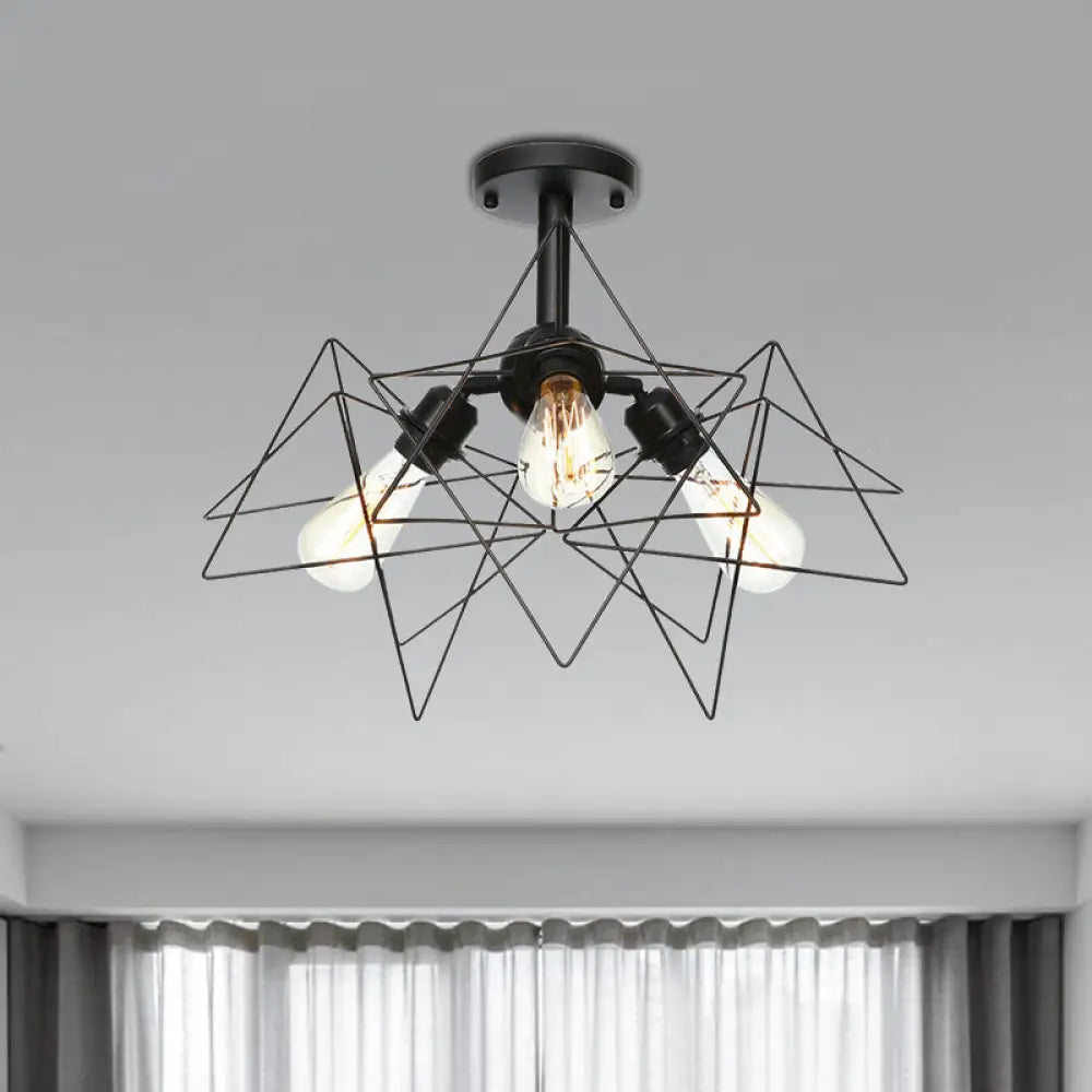 DecorBites™ DecorBites™ Semi Flush Industrial Black Ceiling Lighting for Living Room - 3 Heads with Wire Cage Metal Shade