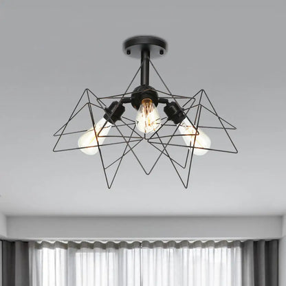 DecorBites™ DecorBites™ Semi Flush Industrial Black Ceiling Lighting for Living Room - 3 Heads with Wire Cage Metal Shade