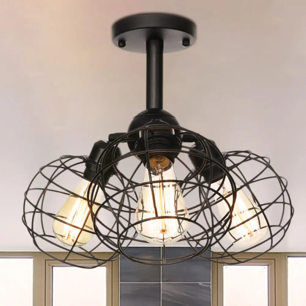 DecorBites™ DecorBites™ Semi Flush Industrial Black Ceiling Lighting for Living Room - 3 Heads with Wire Cage Metal Shade