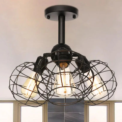 DecorBites™ DecorBites™ Semi Flush Industrial Black Ceiling Lighting for Living Room - 3 Heads with Wire Cage Metal Shade