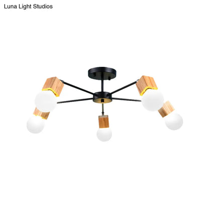 DecorBites™ DecorBites™ Semi Flush Industrial Ceiling Lamp with Wood Accents - 3/5-Light Metal Open Bulb Fixture for Bedroom