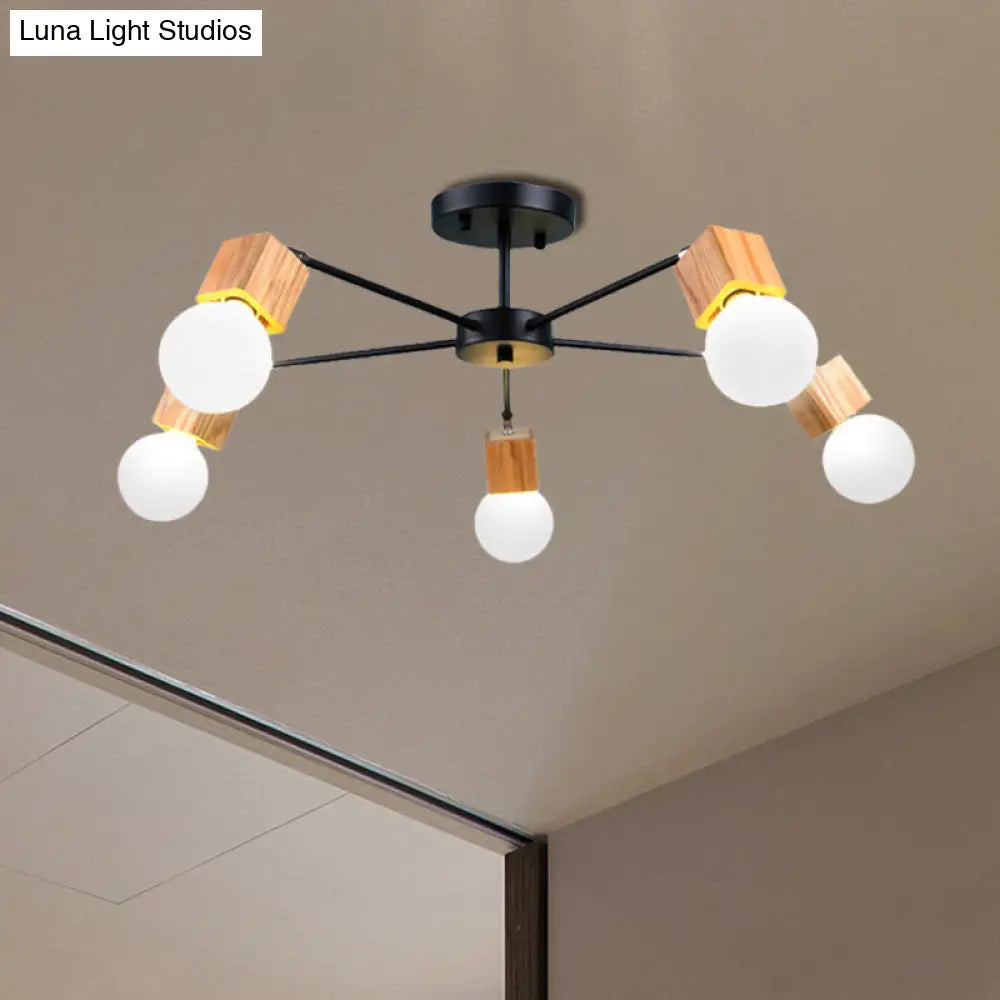 DecorBites™ DecorBites™ Semi Flush Industrial Ceiling Lamp with Wood Accents - 3/5-Light Metal Open Bulb Fixture for Bedroom