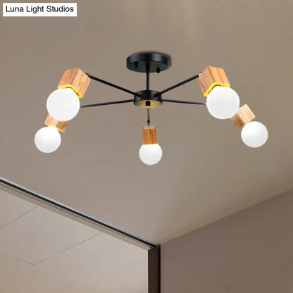 DecorBites™ DecorBites™ Semi Flush Industrial Ceiling Lamp with Wood Accents - 3/5-Light Metal Open Bulb Fixture for Bedroom