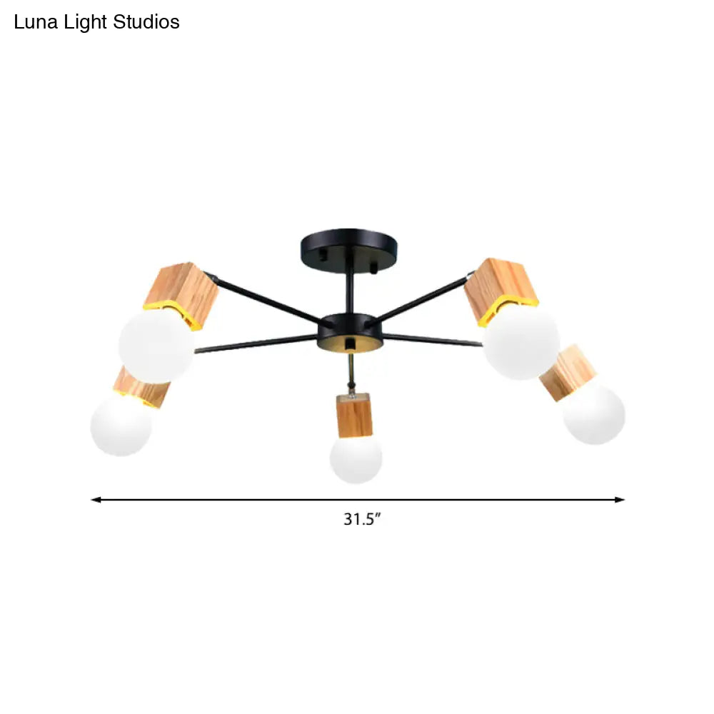 DecorBites™ DecorBites™ Semi Flush Industrial Ceiling Lamp with Wood Accents - 3/5-Light Metal Open Bulb Fixture for Bedroom