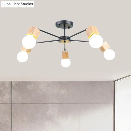 DecorBites™ DecorBites™ Semi Flush Industrial Ceiling Lamp with Wood Accents - 3/5-Light Metal Open Bulb Fixture for Bedroom