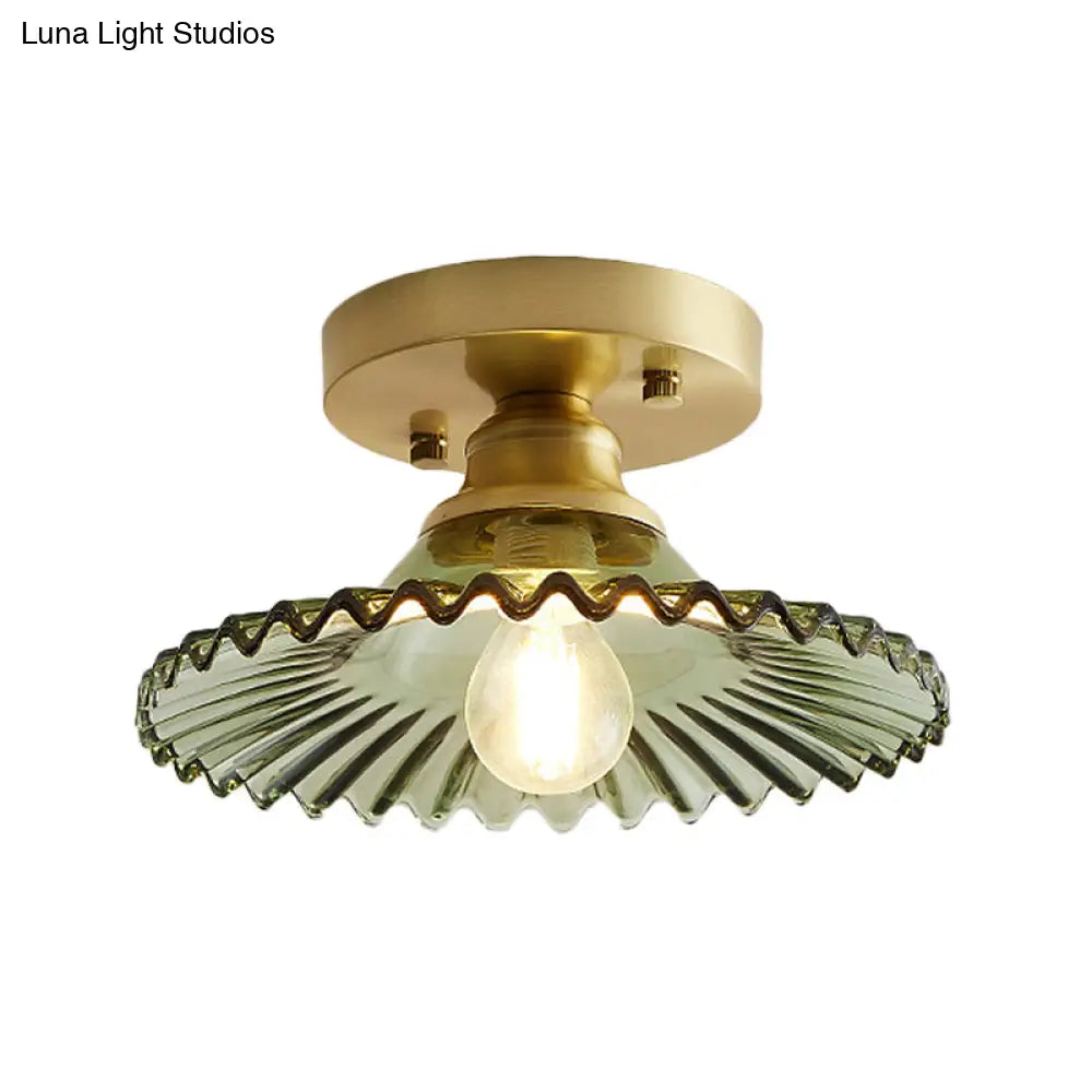 DecorBites™ DecorBites™ Semi-Flush Industrial Ceiling Mount: 1-Light Flared Clear/Green Ribbed Glass for Living Room