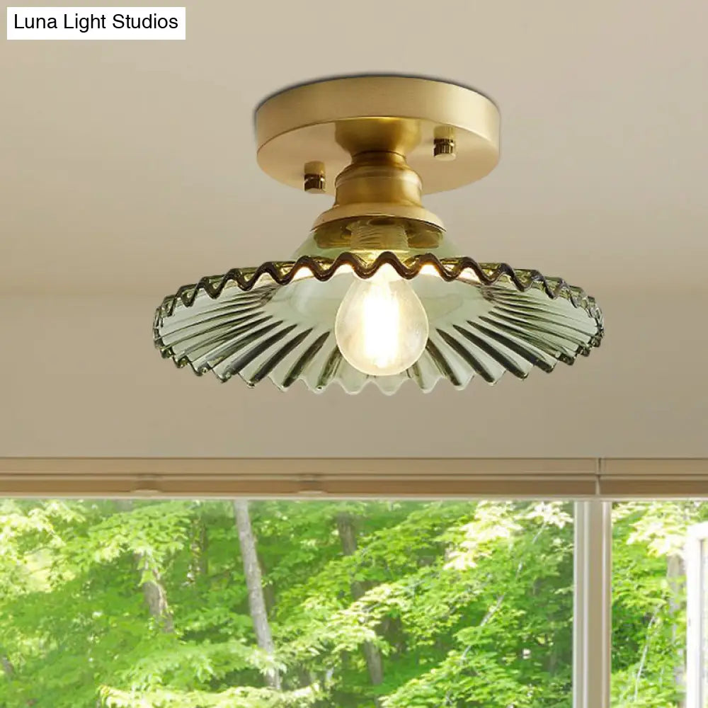 DecorBites™ DecorBites™ Semi-Flush Industrial Ceiling Mount: 1-Light Flared Clear/Green Ribbed Glass for Living Room