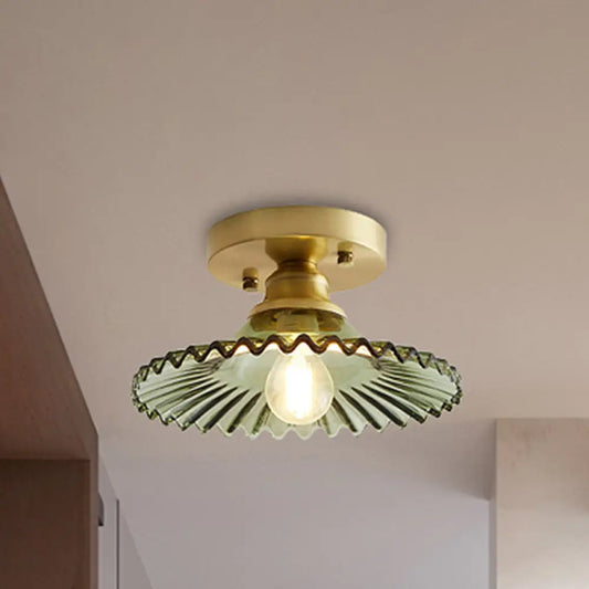 DecorBites™ DecorBites™ Semi-Flush Industrial Ceiling Mount: 1-Light Flared Clear/Green Ribbed Glass for Living Room