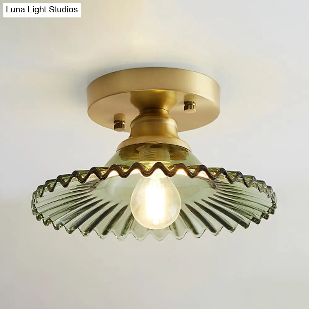 DecorBites™ DecorBites™ Semi-Flush Industrial Ceiling Mount: 1-Light Flared Clear/Green Ribbed Glass for Living Room