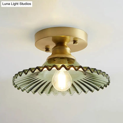 DecorBites™ DecorBites™ Semi-Flush Industrial Ceiling Mount: 1-Light Flared Clear/Green Ribbed Glass for Living Room