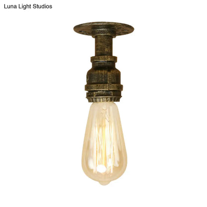 DecorBites™ DecorBites™ Semi Flush Industrial Rustic Ceiling Lamp - Open Bulb Iron Head in Bronze/Antique Brass for Corridors