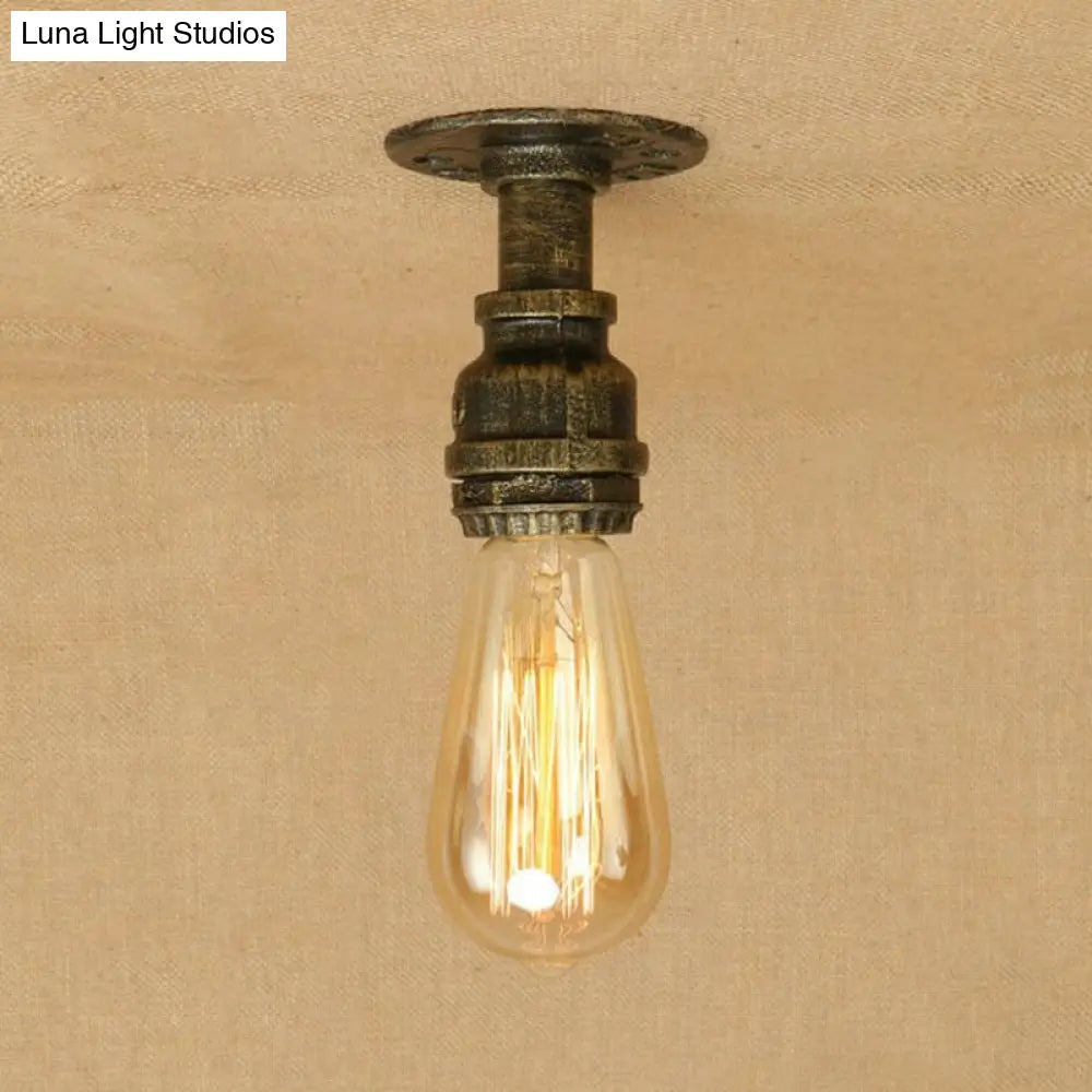 DecorBites™ DecorBites™ Semi Flush Industrial Rustic Ceiling Lamp - Open Bulb Iron Head in Bronze/Antique Brass for Corridors