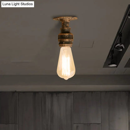 DecorBites™ DecorBites™ Semi Flush Industrial Rustic Ceiling Lamp - Open Bulb Iron Head in Bronze/Antique Brass for Corridors