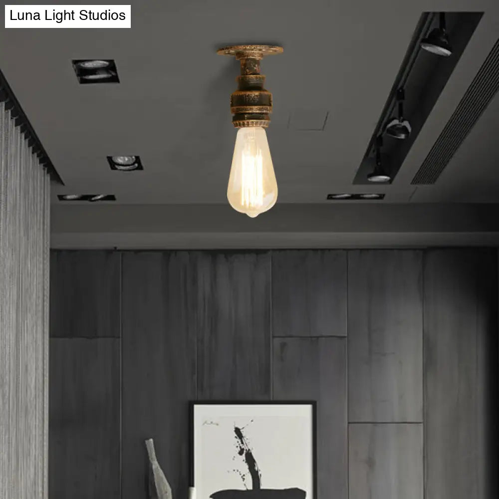 DecorBites™ DecorBites™ Semi Flush Industrial Rustic Ceiling Lamp - Open Bulb Iron Head in Bronze/Antique Brass for Corridors