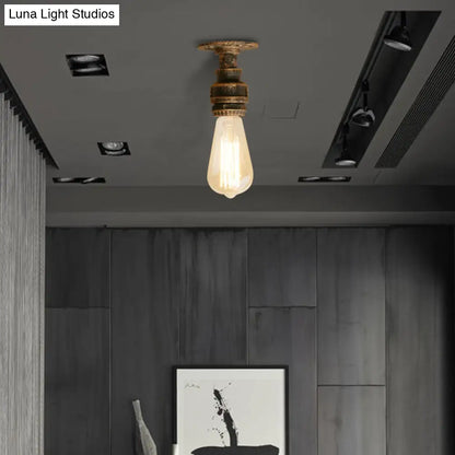 DecorBites™ DecorBites™ Semi Flush Industrial Rustic Ceiling Lamp - Open Bulb Iron Head in Bronze/Antique Brass for Corridors