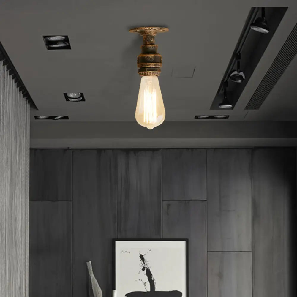DecorBites™ DecorBites™ Semi Flush Industrial Rustic Ceiling Lamp - Open Bulb Iron Head in Bronze/Antique Brass for Corridors