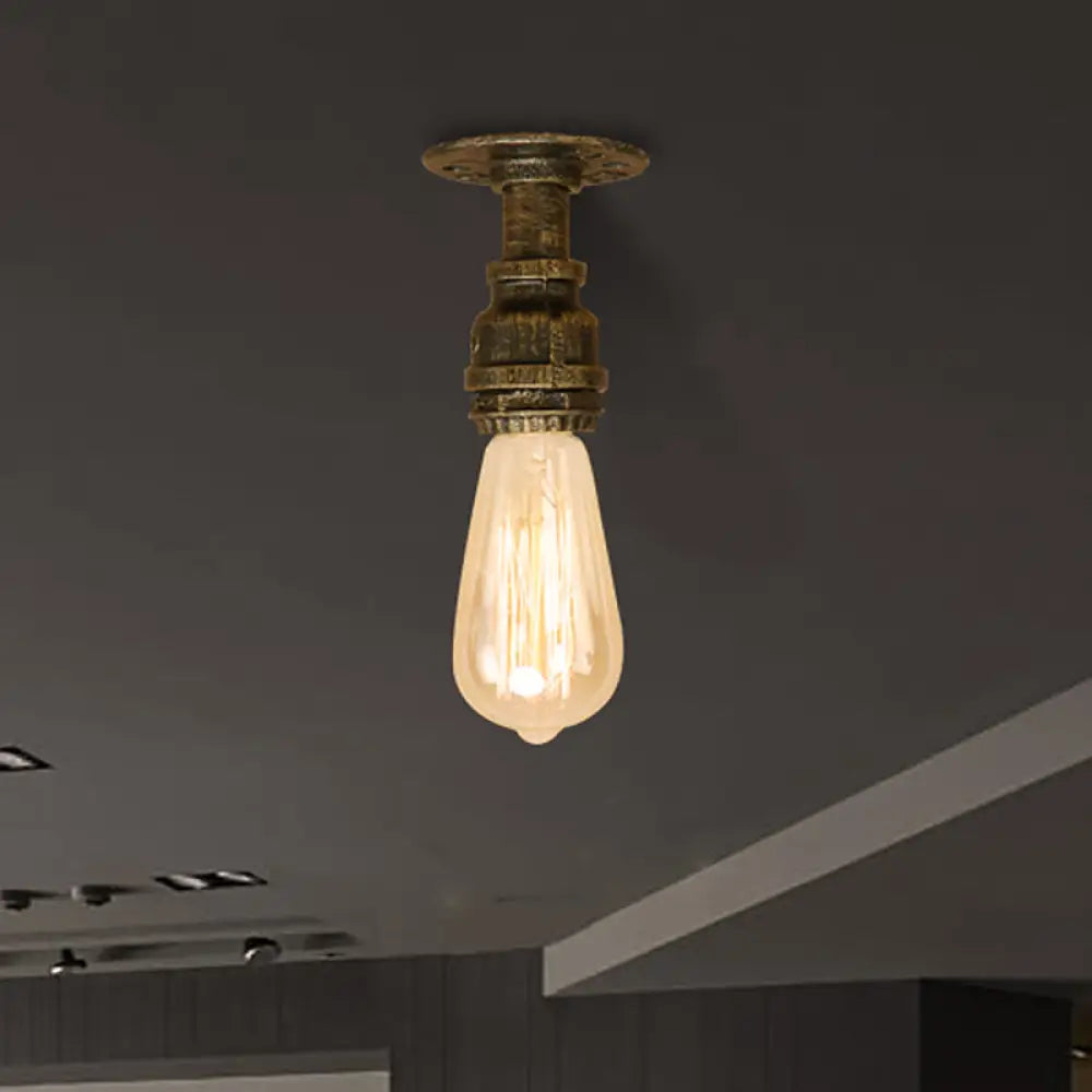 DecorBites™ DecorBites™ Semi Flush Industrial Rustic Ceiling Lamp - Open Bulb Iron Head in Bronze/Antique Brass for Corridors