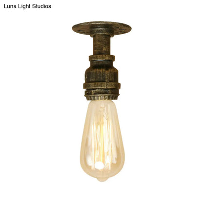 DecorBites™ DecorBites™ Semi Flush Industrial Rustic Ceiling Lamp - Open Bulb Iron Head in Bronze/Antique Brass for Corridors