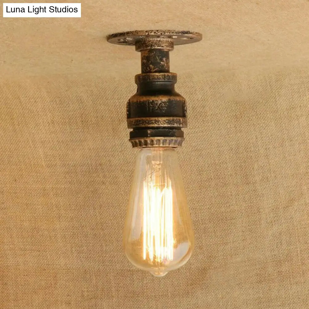 DecorBites™ DecorBites™ Semi Flush Industrial Rustic Ceiling Lamp - Open Bulb Iron Head in Bronze/Antique Brass for Corridors