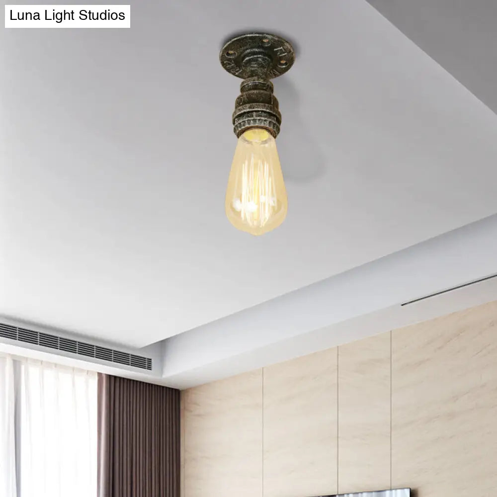 DecorBites™ DecorBites™ Semi Flush Industrial Rustic Ceiling Lamp - Open Bulb Iron Head in Bronze/Antique Brass for Corridors