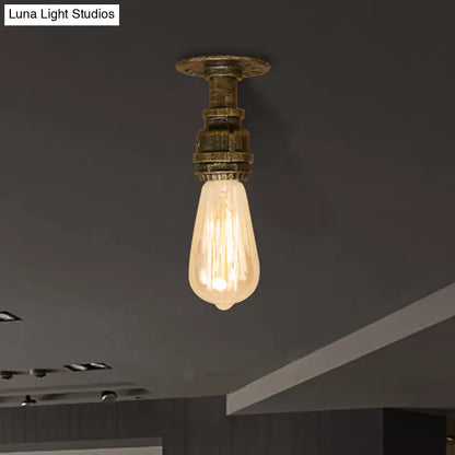 DecorBites™ DecorBites™ Semi Flush Industrial Rustic Ceiling Lamp - Open Bulb Iron Head in Bronze/Antique Brass for Corridors