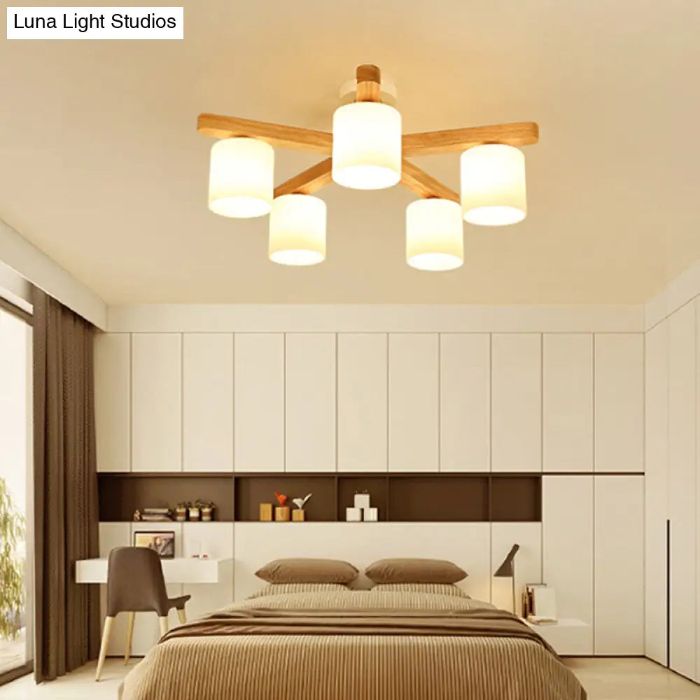 DecorBites™ DecorBites™ Semi Flush Japanese Cream Glass Ceiling Mount Chandelier - Wood Finish