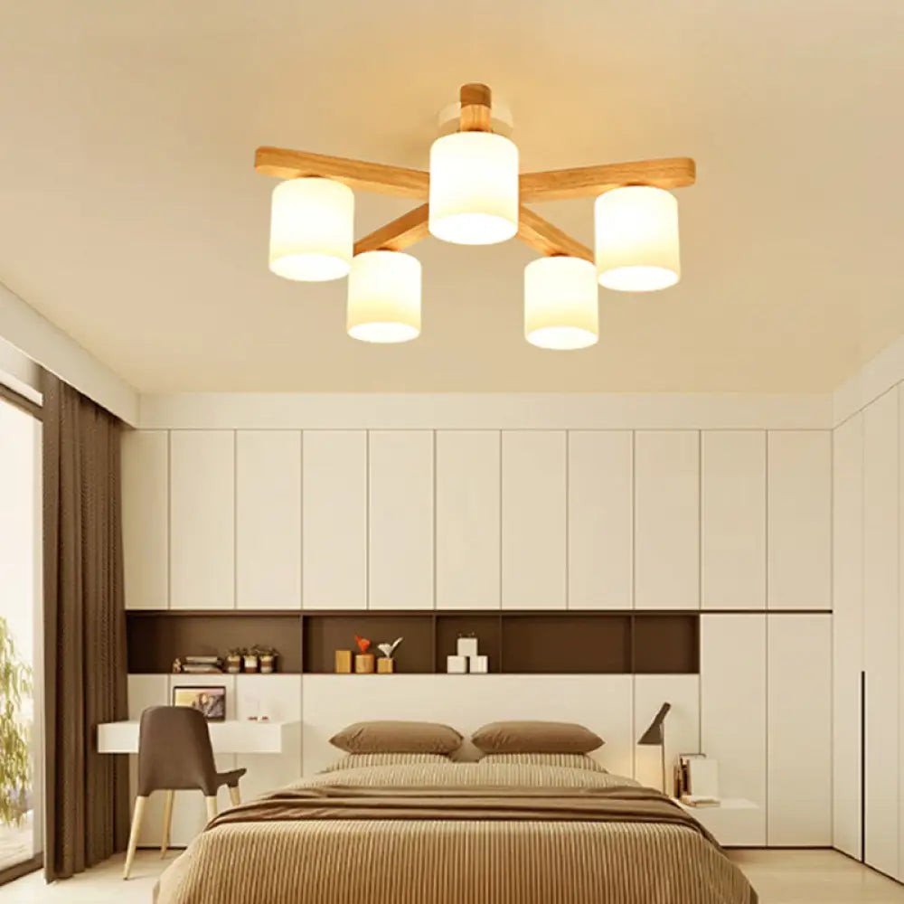 DecorBites™ DecorBites™ Semi Flush Japanese Cream Glass Ceiling Mount Chandelier - Wood Finish