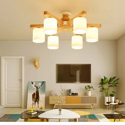 DecorBites™ DecorBites™ Semi Flush Japanese Cream Glass Ceiling Mount Chandelier - Wood Finish