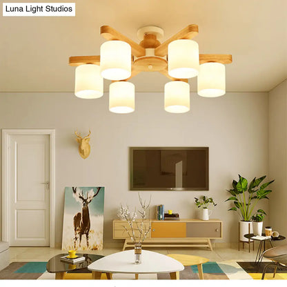 DecorBites™ DecorBites™ Semi Flush Japanese Cream Glass Ceiling Mount Chandelier - Wood Finish