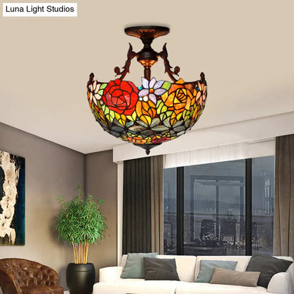 DecorBites™ DecorBites™ Semi Flush Mediterranean Bronze Blossom Ceiling Mount with Red/Orange/Green Cut Glass - Ideal for Living Room Lighting