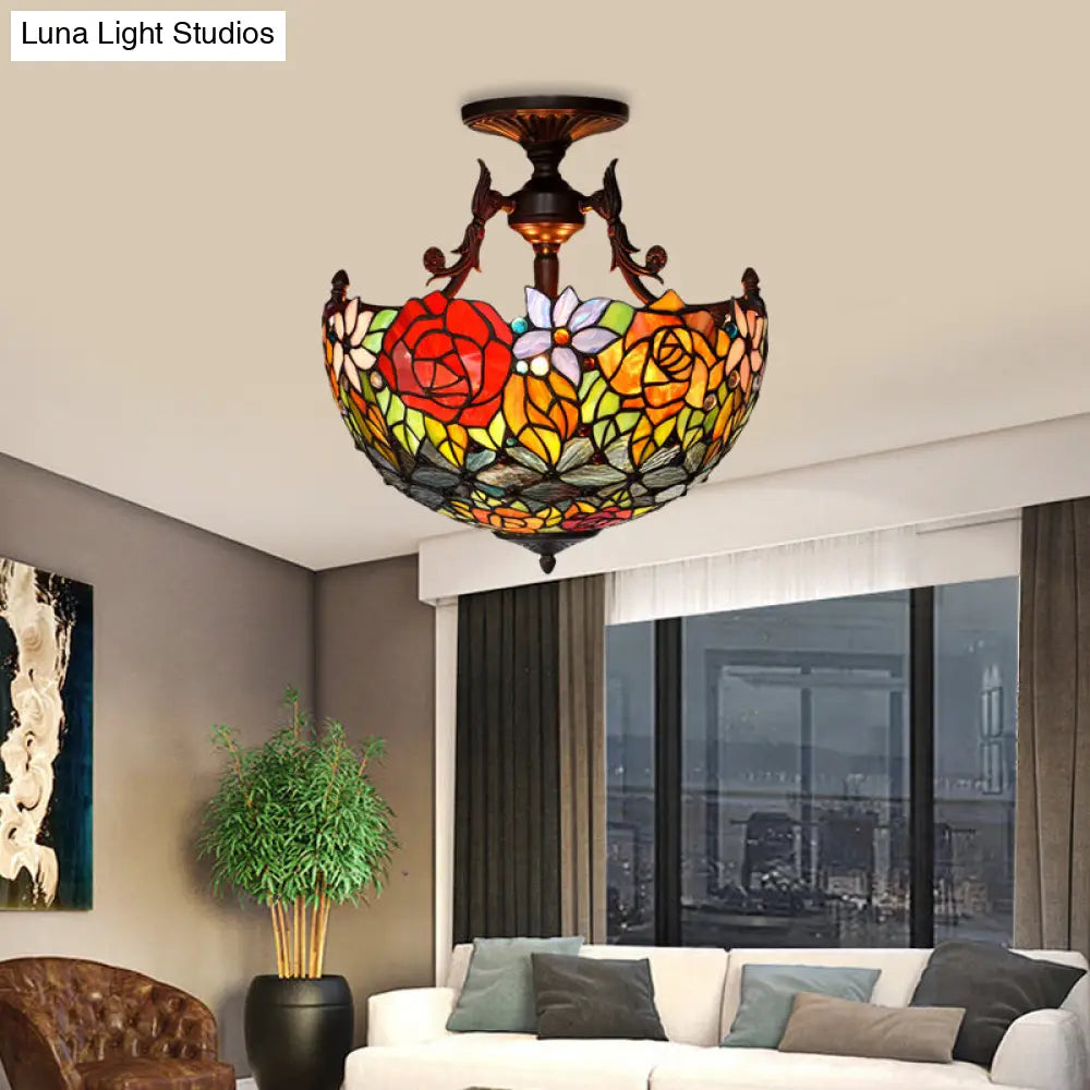 Semi Flush Mediterranean Bronze Blossom Ceiling Mount with Red/Orange/Green Cut Glass - Ideal for Living Room Lighting