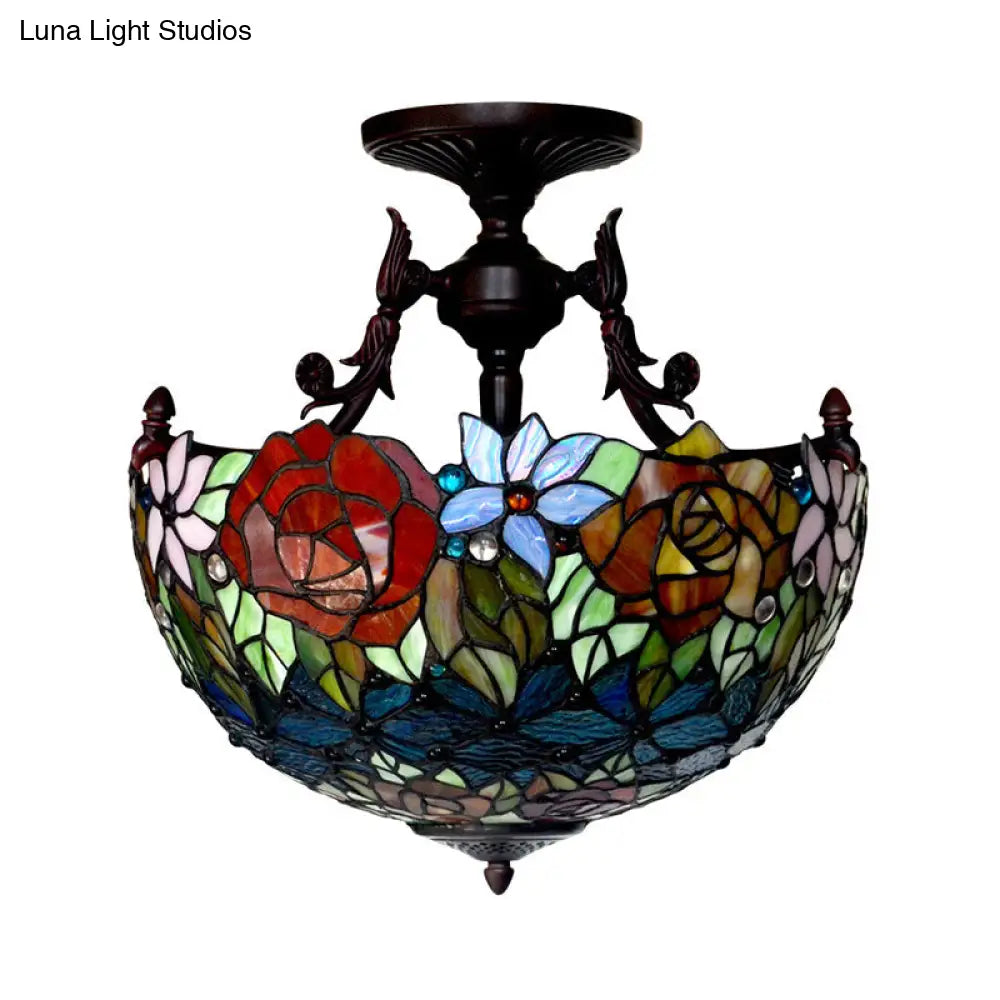 Semi Flush Mediterranean Bronze Blossom Ceiling Mount with Red/Orange/Green Cut Glass - Ideal for Living Room Lighting