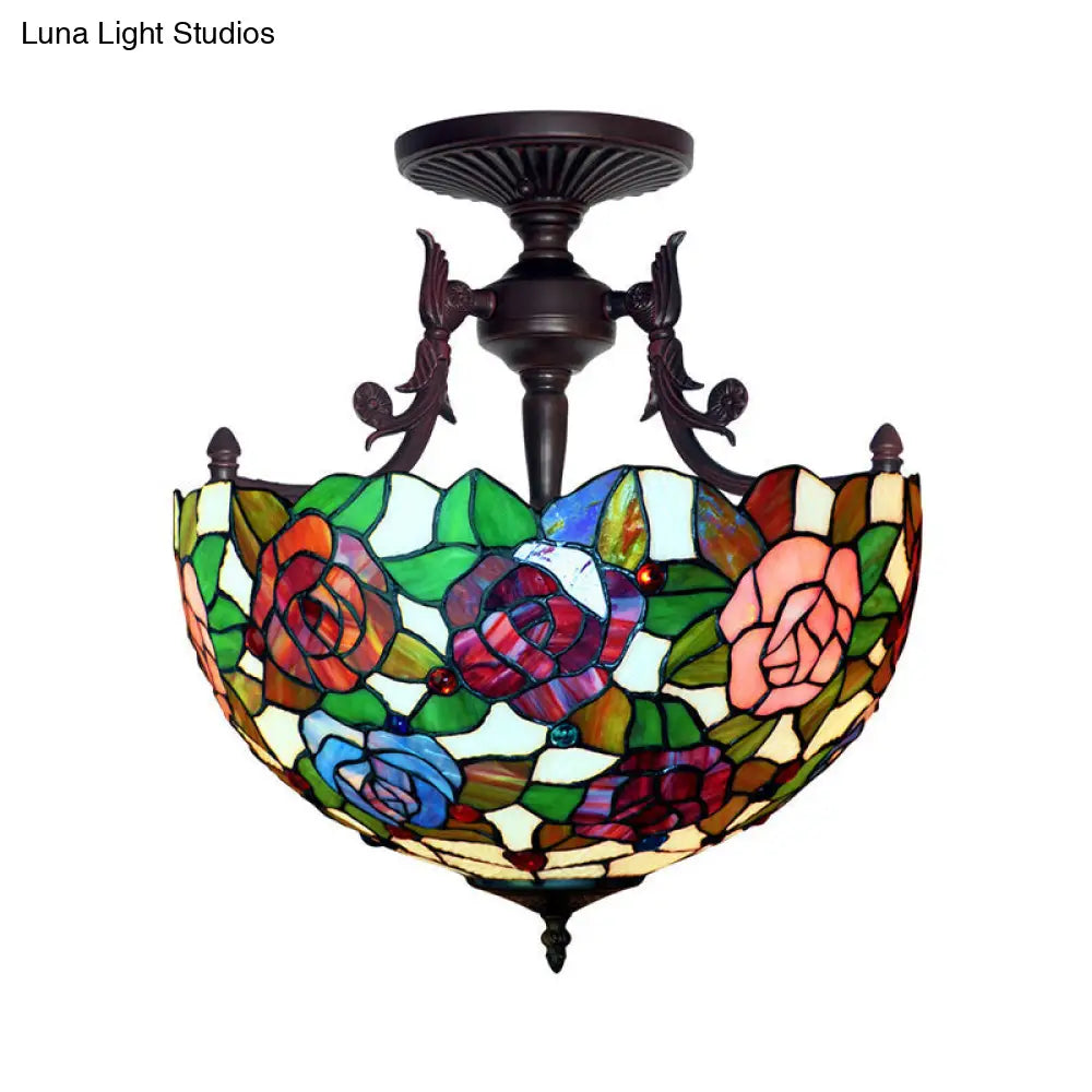 Semi Flush Mediterranean Bronze Blossom Ceiling Mount with Red/Orange/Green Cut Glass - Ideal for Living Room Lighting