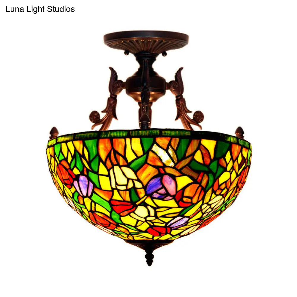 Semi Flush Mediterranean Bronze Blossom Ceiling Mount with Red/Orange/Green Cut Glass - Ideal for Living Room Lighting