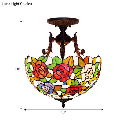 Semi Flush Mediterranean Bronze Blossom Ceiling Mount with Red/Orange/Green Cut Glass - Ideal for Living Room Lighting