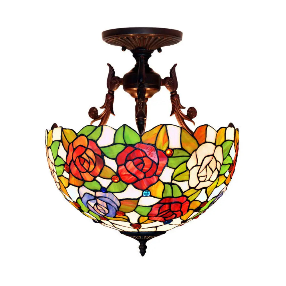 DecorBites™ DecorBites™ Semi Flush Mediterranean Bronze Blossom Ceiling Mount with Red/Orange/Green Cut Glass - Ideal for Living Room Lighting