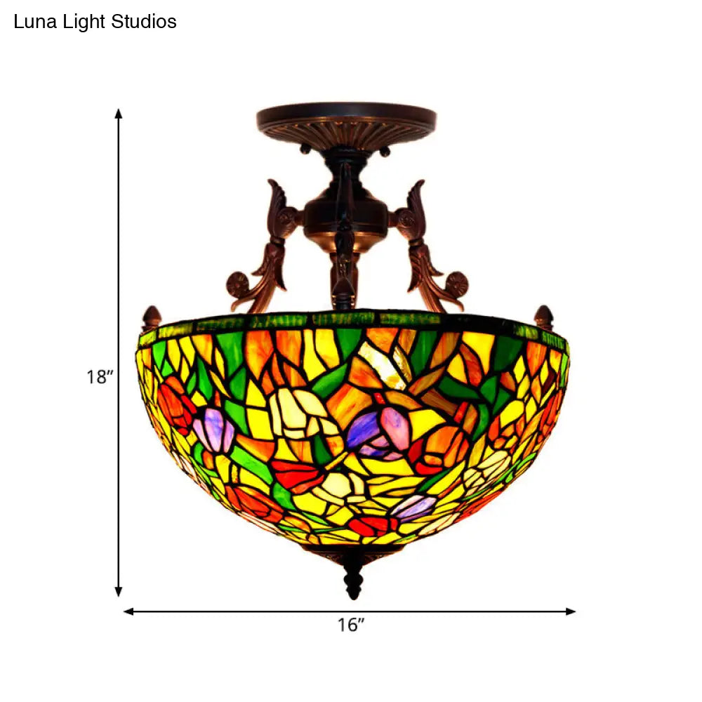 Semi Flush Mediterranean Bronze Blossom Ceiling Mount with Red/Orange/Green Cut Glass - Ideal for Living Room Lighting